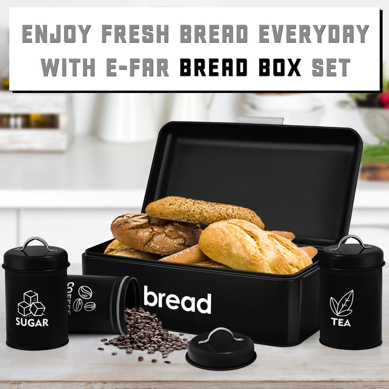 imageEfar Black Bread Box for Kitchen Counter Vintage Bread Storage Container with 3 Matching Coffee Tea Sugar Canisters Metal Bread Bin for Loaves Muffins Dry Food 167 x 9 x 64Black