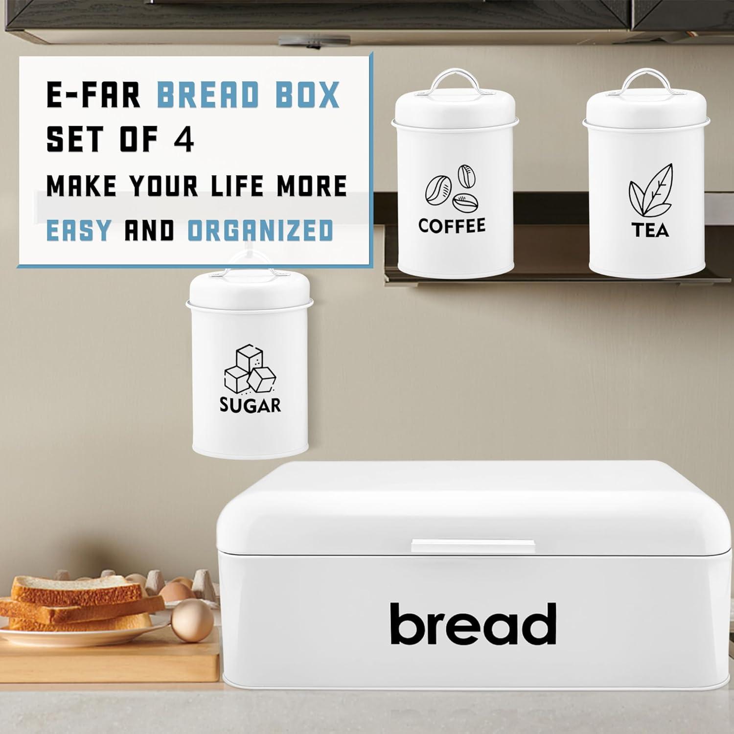 imageEfar Black Bread Box for Kitchen Counter Vintage Bread Storage Container with 3 Matching Coffee Tea Sugar Canisters Metal Bread Bin for Loaves Muffins Dry Food 167 x 9 x 64White