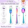 imageEfar 12Piece Kids Silverware Stainless Steel Toddler Preschooler Utensils with Adult Look Hammered Flatware Includes 4 Forks 4 Spoons 4 Knives Safe for Self Feeding NonToxic ampamp Dishwasher SafeRainbow