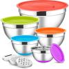imageEfar Stainless Steel Mixing Bowls with Lids Set 5Piece Nesting Salad Bowls with 3 Grater Attachments and NonSlip Bottoms Size 46 26 2 15 1QT for Kitchen KhakiColorful