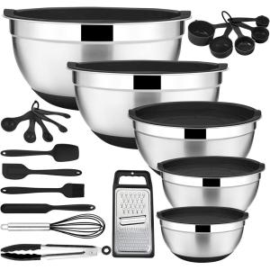 image22Piece Mixing Bowls with Lids ampamp Accessories Set Efar Stainless Steel Nesting Bowls with Colorful Covers ampamp NonSlip Bottoms Metal Bowls for CookingBakingServingStorage  Size 73525151 QTBlack