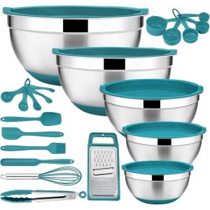 image22Piece Mixing Bowls with Lids ampamp Accessories Set Efar Stainless Steel Nesting Bowls with Colorful Covers ampamp NonSlip Bottoms Metal Bowls for CookingBakingServingStorage  Size 73525151 QTTeal Blue