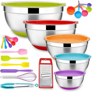 image22Piece Mixing Bowls with Lids ampamp Accessories Set Efar Stainless Steel Nesting Bowls with Colorful Covers ampamp NonSlip Bottoms Metal Bowls for CookingBakingServingStorage  Size 73525151 QTColorful