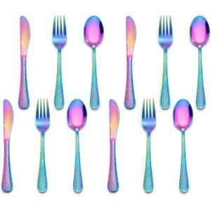 imageEfar 12Piece Kids Silverware Stainless Steel Toddler Preschooler Utensils with Adult Look Hammered Flatware Includes 4 Forks 4 Spoons 4 Knives Safe for Self Feeding NonToxic ampamp Dishwasher SafeRainbow