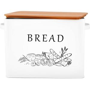 imageEfar Bread Box for Kitchen Countertop Metal Bread Storage Container Bin with Bamboo Lid for Cutting Bread Extra Large ampamp Farmhouse Style 13 x 72 x98 WhiteWhite