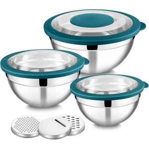 imageEfar Mixing Bowls Set of 5 Stainless Steel Salad Mixing Bowl with Transparent Lid Metal Nesting Bowl Attach with 3 Graters for Kitchen PreppingServingBakingStorage 462615107 QT  BlueTeal Blue