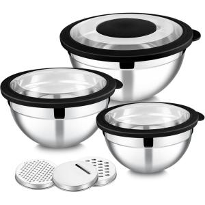 imageEfar Mixing Bowls Set of 5 Stainless Steel Salad Mixing Bowl with Transparent Lid Metal Nesting Bowl Attach with 3 Graters for Kitchen PreppingServingBakingStorage 462615107 QT  BlueBlack