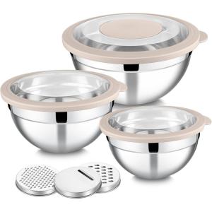 imageEfar Mixing Bowls Set of 5 Stainless Steel Salad Mixing Bowl with Transparent Lid Metal Nesting Bowl Attach with 3 Graters for Kitchen PreppingServingBakingStorage 462615107 QT  BlueKhaki