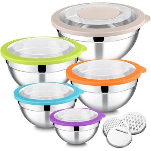 imageEfar Mixing Bowls Set of 5 Stainless Steel Salad Mixing Bowl with Transparent Lid Metal Nesting Bowl with 3 Graters for Kitchen PreppingServingBakingStorage 462615107 QT  Colorful