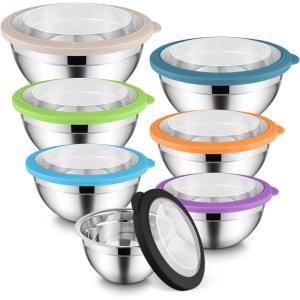 imageEfar Mixing Bowls Set of 7 Stainless Steel Mixing Bowls with Airtight Clear Lids Metal Nesting Bowls for Kitchen Prep Baking Serving Dishwasher Safe Size 46 35 3 2 15 1 07QT BlackMulticolor