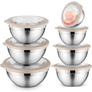 imageEfar Mixing Bowls Set of 7 Stainless Steel Mixing Bowls with Airtight Clear Lids Metal Nesting Bowls for Kitchen Prep Baking Serving Dishwasher Safe Size 46 35 3 2 15 1 07QT BlackKhaki