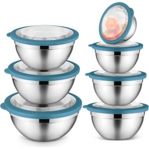 imageEfar Mixing Bowls Set of 7 Stainless Steel Mixing Bowls with Airtight Clear Lids Metal Nesting Bowls for Kitchen Prep Baking Serving Dishwasher Safe Size 46 35 3 2 15 1 07QT BlackBlue