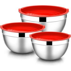 imageEfar Mixing Bowls with Lids 6Piece Stainless Steel Salad Bowls Metal Nesting Bowls for Baking Cooking and Prepping Airtight Lids ampamp Stackable Design Size 45 3 15 QT ColorfulRed