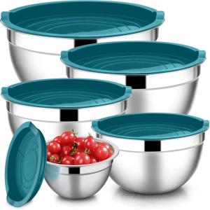 imageEfar Mixing Bowls with Lids Set of 5 Stainless Steel Mixing Bowls Metal Nesting Bowls with Airtight Lids Nontoxic ampamp Dishwasher Safe Great for Cooking Baking Serving  Size 07115346QTTeal Blue