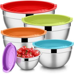imageEfar Mixing Bowls with Lids Set of 5 Stainless Steel Mixing Bowls Metal Nesting Bowls with Airtight Lids Nontoxic ampamp Dishwasher Safe Great for Cooking Baking Serving  Size 07115346QTColorful