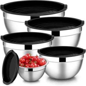 imageEfar Mixing Bowls with Lids Set of 5 Stainless Steel Mixing Bowls Metal Nesting Bowls with Airtight Lids Nontoxic ampamp Dishwasher Safe Great for Cooking Baking Serving  Size 07115346QTBlack