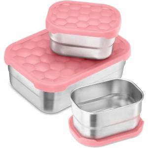 imageEfar Stainless Steel Lunch Containers for Kids 3Piece 8OZx2 ampamp 25OZ Bento Box Snack Food Container with Leakproof Silicone Lid Metal Storage for Toddlers Child School Picnic GreyPink