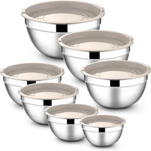 imageEfar Stainless Steel Mixing Bowls with Airtight Lids 7Piece Metal Nesting Bowls with Black Lids for Saving Storage Space Size 7 46 3 2 15 1 07QT Great for BakingCookingPreppingKhaki