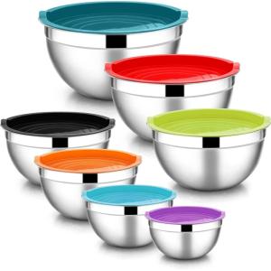 imageEfar Stainless Steel Mixing Bowls with Airtight Lids 7Piece Metal Nesting Bowls with Black Lids for Saving Storage Space Size 7 46 3 2 15 1 07QT Great for BakingCookingPreppingColorful