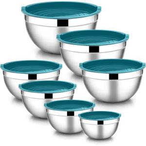 imageEfar Stainless Steel Mixing Bowls with Airtight Lids 7Piece Metal Nesting Bowls with Black Lids for Saving Storage Space Size 7 46 3 2 15 1 07QT Great for BakingCookingPreppingBlue