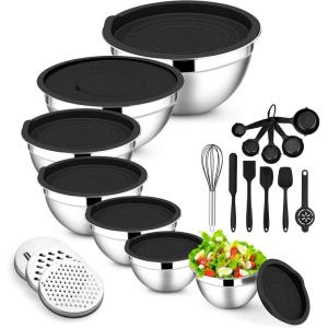 imageEfar Stainless Steel Mixing Bowls with Lids Set 5Piece Nesting Salad Bowls with 3 Grater Attachments and NonSlip Bottoms Size 46 26 2 15 1QT for Kitchen KhakiBlack