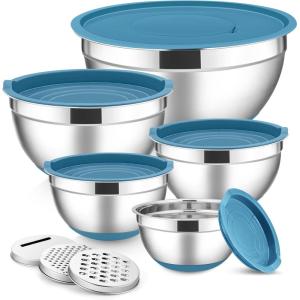 imageEfar Stainless Steel Mixing Bowls with Lids Set 5Piece Nesting Salad Bowls with 3 Grater Attachments and NonSlip Bottoms Size 46 26 2 15 1QT for Kitchen KhakiBlue