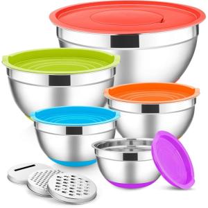 imageEfar Stainless Steel Mixing Bowls with Lids Set 5Piece Nesting Salad Bowls with 3 Grater Attachments and NonSlip Bottoms Size 46 26 2 15 1QT for Kitchen KhakiColorful