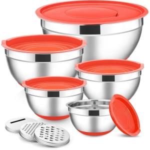 imageEfar Stainless Steel Mixing Bowls with Lids Set 5Piece Nesting Salad Bowls with 3 Grater Attachments and NonSlip Bottoms Size 46 26 2 15 1QT for Kitchen KhakiRed