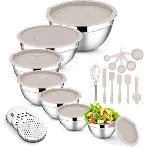imageEfar Stainless Steel Mixing Bowls with Lids Set 5Piece Nesting Salad Bowls with 3 Grater Attachments and NonSlip Bottoms Size 46 26 2 15 1QT for Kitchen KhakiKhaki