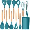 imageEfar Cooking Utensils Set of 6 Silicone Kitchen Utensils with Wooden Handle Nonstick Cookware Friendly ampamp Heat Resistant Includes SpatulaLadleSlotted TurnerServing SpoonSpaghetti ServerBlackTeal Blue