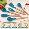imageEfar Cooking Utensils Set of 6 Silicone Kitchen Utensils with Wooden Handle Nonstick Cookware Friendly ampamp Heat Resistant Includes SpatulaLadleSlotted TurnerServing SpoonSpaghetti ServerBlackTeal Blue