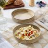 imageEfar Pasta Bowls Set of 4 35oz Large Salad Bowl Plate for Dinner Serving Soup Wide ampamp Shallow Ceramic Stoneware Pasta Plates Microwave ampamp Dishwasher Safe Reactive Glaze Textured Stripes Dusty BlueCaramel Khaki