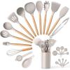 imageEfar Silicone Cooking Utensils Set 446 Heat Resistant 10PCS Kitchen Utensils Set with Wooden Handle for Nonstick Cookware Kitchen Tools Spatula Whisk Tongs Ladle Nontoxic ampamp Healthy WhiteKhaki