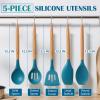 imageEfar Silicone Cooking Utensils Set 446 Heat Resistant 10PCS Kitchen Utensils Set with Wooden Handle for Nonstick Cookware Kitchen Tools Spatula Whisk Tongs Ladle Nontoxic ampamp Healthy WhiteNavy Blue