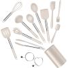 imageEfar Silicone Cooking Utensils Set 7 Pcs Heat Resistant Kitchen Utensils with Stainless Steel Handle Slotted Turner Spoon Soup Ladle Pasta Server Skimmer Tongs for Nonstick Cookware GrayKhaki