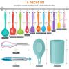 imageTeal Blue Kitchen Utensils Set Efar 15Piece Silicone Cooking Utensils with Holder Nonstick Cookware Friendly ampamp Heat Resistant Includes Ladle Spatula Spoon Slotted Turner for Cooking ampamp BakingColorful