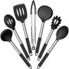 imageEfar Silicone Cooking Utensils Set 7 Pcs Heat Resistant Kitchen Utensils with Stainless Steel Handle Slotted Turner Spoon Soup Ladle Pasta Server Skimmer Tongs for Nonstick Cookware GrayBlack
