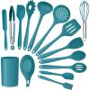 imageTeal Blue Kitchen Utensils Set Efar 15Piece Silicone Cooking Utensils with Holder Nonstick Cookware Friendly ampamp Heat Resistant Includes Ladle Spatula Spoon Slotted Turner for Cooking ampamp BakingTeal Blue