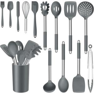 imageEfar 14 Pieces Silicone Cooking Utensils Set Kitchen Utensils Set with Holder Spatula Ladle Spoon Tong Slotted Turner for Nonstick Cookware Heat Resistant ampamp Stainless Steel Handle BlackGray