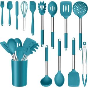 imageEfar 14 Pieces Silicone Cooking Utensils Set Kitchen Utensils Set with Holder Spatula Ladle Spoon Tong Slotted Turner for Nonstick Cookware Heat Resistant ampamp Stainless Steel Handle BlackBlue
