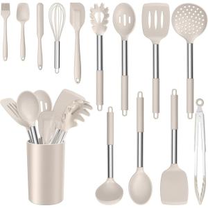 imageEfar 14 Pieces Silicone Cooking Utensils Set Kitchen Utensils Set with Holder Spatula Ladle Spoon Tong Slotted Turner for Nonstick Cookware Heat Resistant ampamp Stainless Steel Handle BlackKhaki