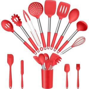 imageEfar 14 Pieces Silicone Cooking Utensils Set Kitchen Utensils Set with Holder Spatula Ladle Spoon Tong Slotted Turner for Nonstick Cookware Heat Resistant ampamp Stainless Steel Handle BlackRed