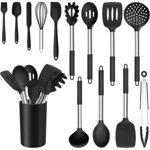 imageEfar 14 Pieces Silicone Cooking Utensils Set Kitchen Utensils Set with Holder Spatula Ladle Spoon Tong Slotted Turner for Nonstick Cookware Heat Resistant ampamp Stainless Steel Handle BlackBlack