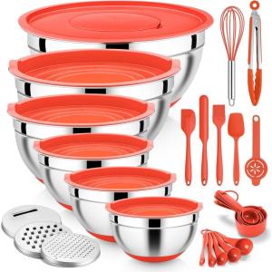 imageEfar 25PCS Mixing Bowls with Lid Set Stainless Steel Nesting Prep Bowls with Grater Attachments NonSlip Bottoms for Cooking Baking Serving Food Storage 4626215107QT  BlueRed