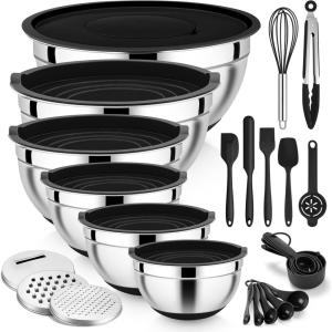 imageEfar 25PCS Mixing Bowls with Lid Set Stainless Steel Nesting Prep Bowls with Grater Attachments NonSlip Bottoms for Cooking Baking Serving Food Storage 4626215107QT  BlueBlack