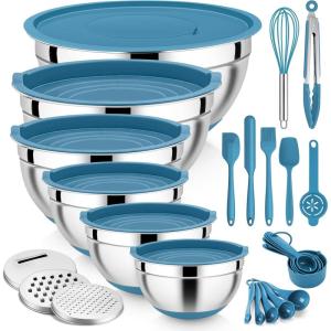 imageEfar 25PCS Mixing Bowls with Lid Set Stainless Steel Nesting Prep Bowls with Grater Attachments NonSlip Bottoms for Cooking Baking Serving Food Storage 4626215107QT  BlueBlue