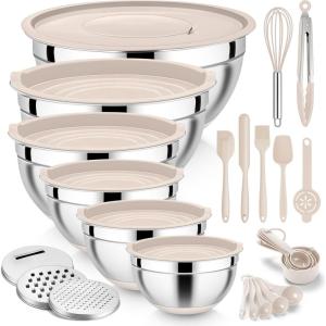 imageEfar 25PCS Mixing Bowls with Lid Set Stainless Steel Nesting Prep Bowls with Grater Attachments NonSlip Bottoms for Cooking Baking Serving Food Storage 4626215107QT  BlueKhaki