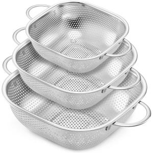 imageEfar 3 Pack Colander for Kitchen Square Stainless Steel Metal Strainer Colander with Handle for Draining Food Pasta Vegetable MicroPerforated ampamp Elevated Feet Dishwasher Safe2446QT