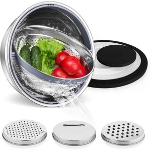 imageEfar Colander with Mixing Bowl Set 41 Stainless Steel Colander Strainers Bowl with Graters for Kitchen Rotatable Food Strainer Bowl for Rinsing Fruits VegetablesDraining Pasta  BlackBlack