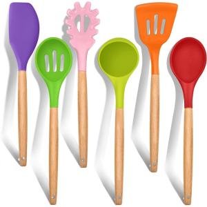 imageEfar Cooking Utensils Set of 6 Silicone Kitchen Utensils with Wooden Handle Nonstick Cookware Friendly ampamp Heat Resistant Includes SpatulaLadleSlotted TurnerServing SpoonSpaghetti ServerBlackMulticolor